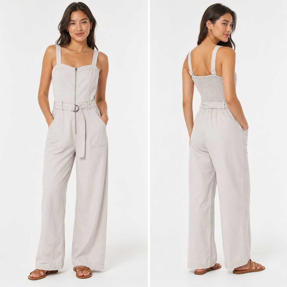 Hollister‎ Jumpsuit Women L Utility Wide Leg Belted Zip Front Beige Minimalist